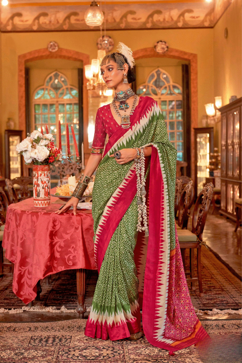 Pistachio Polyester Viscose Silk Patola Designer Zari Work Saree - Image 2