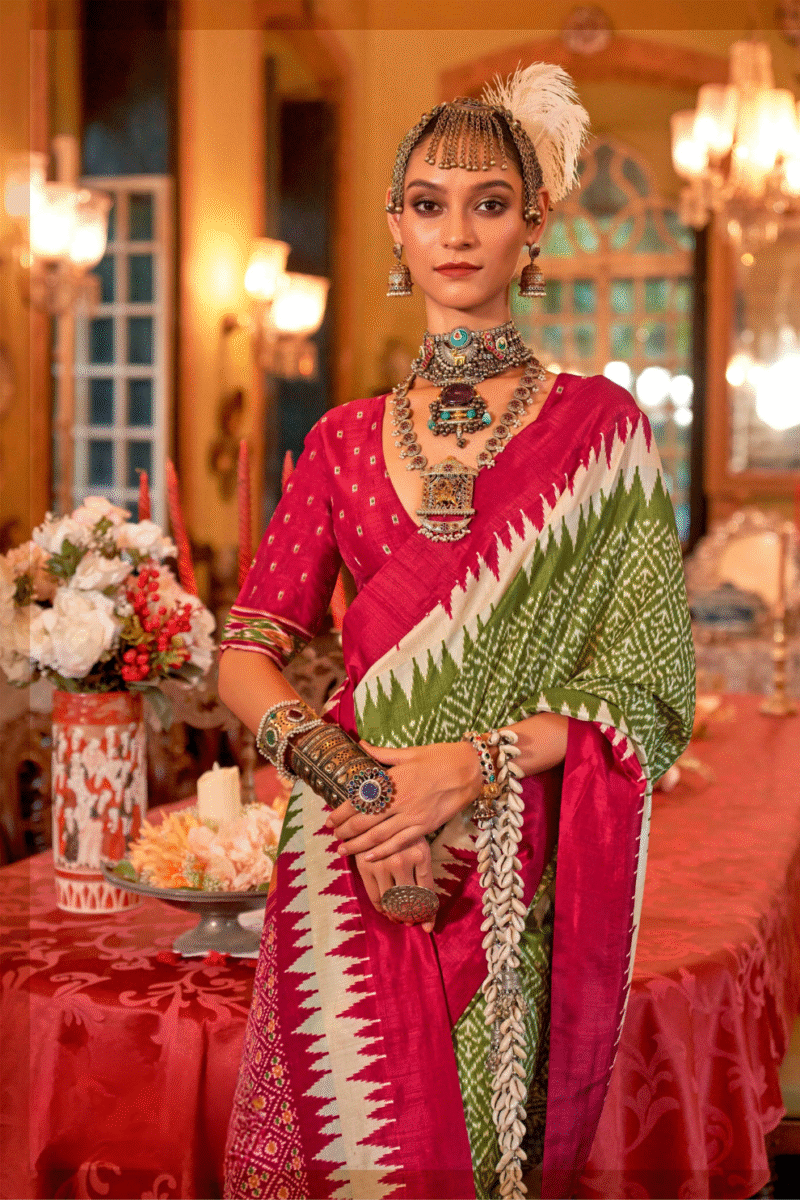 Pistachio Polyester Viscose Silk Patola Designer Zari Work Saree - Image 3