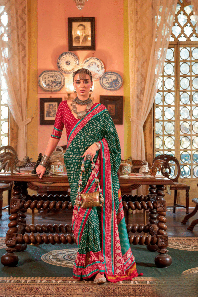 Green Polyester Viscose Silk Patola Designer Zari Work Saree - Image 2