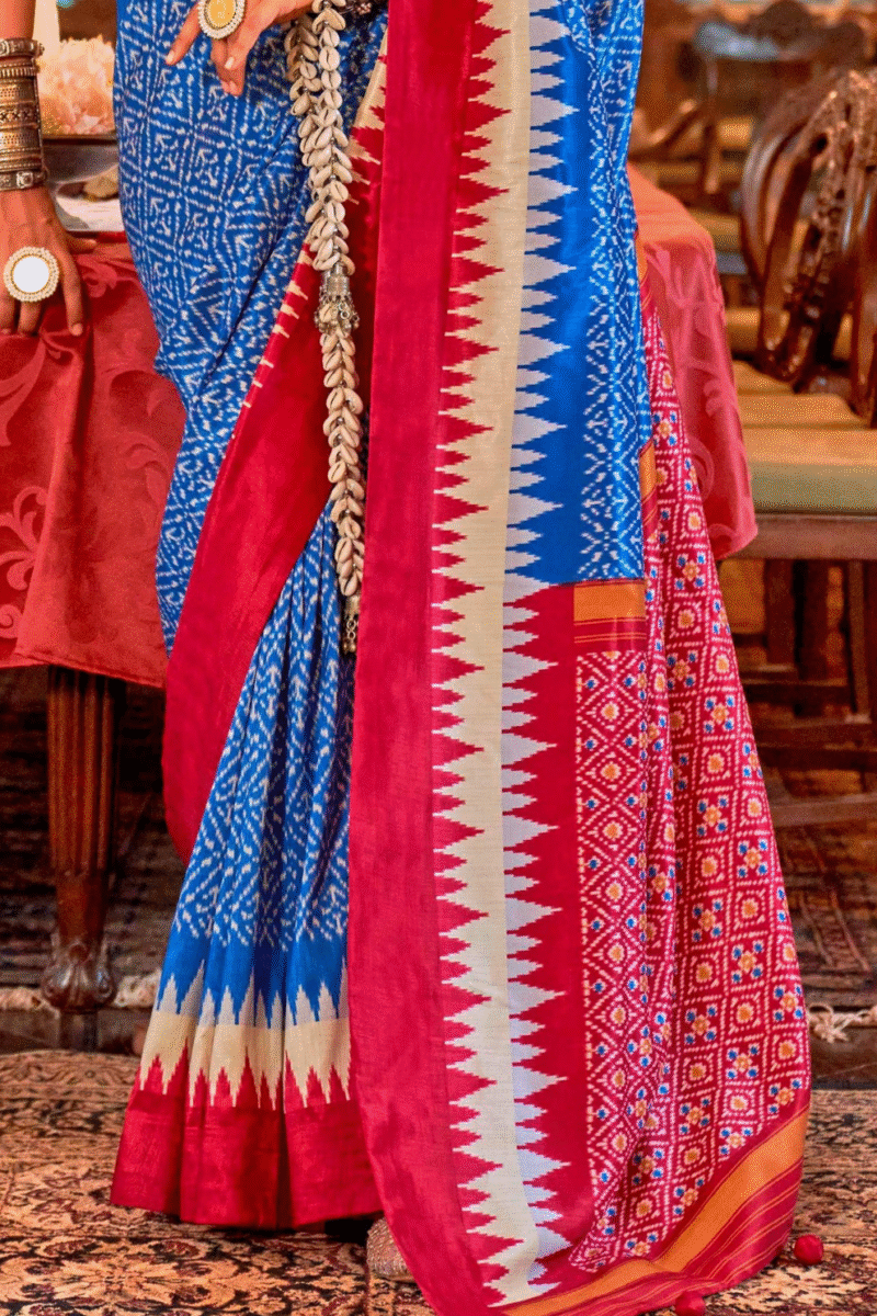 Blue Polyester Viscose Silk Patola Designer Zari Work Saree - Image 3