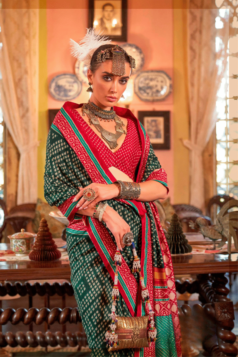 Green Polyester Viscose Silk Patola Designer Zari Work Saree - Image 3