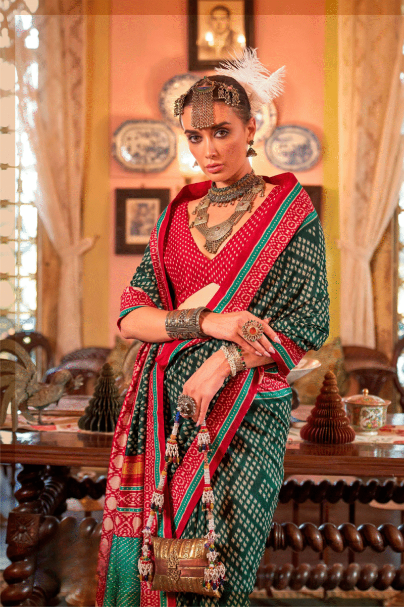 Green Polyester Viscose Silk Patola Designer Zari Work Saree - Image 4