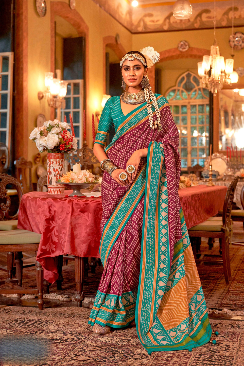 LAVANTE_FASHION_SUPER_P.V.SILK_8001_WITH_TRADITIONAL_PATOLA_DESIGN_WITH_NO_FOIL_WITH_VACCUM_FINISH_46 Maroon Polyester Viscose Silk Patola Designer Zari Work Saree - Image 1