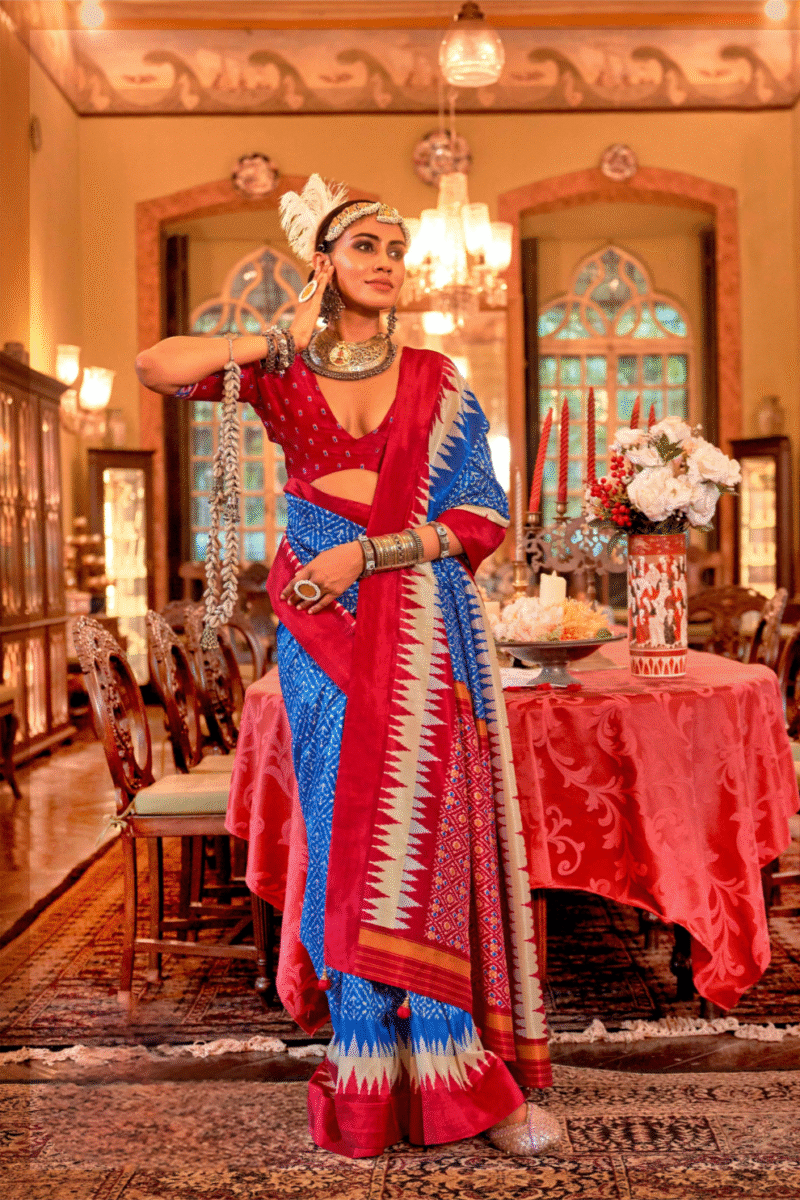 Blue Polyester Viscose Silk Patola Designer Zari Work Saree - Image 2