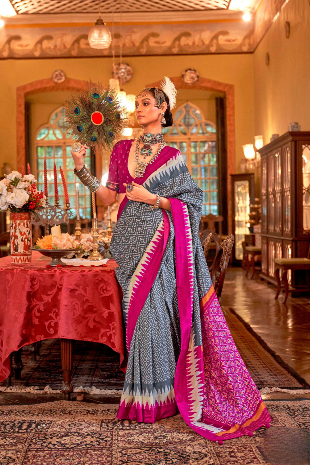 Grey Polyester Viscose Silk Patola Designer Zari Work Saree - Image 1