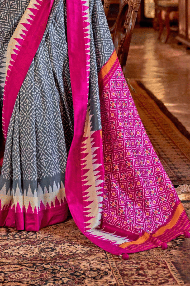 Grey Polyester Viscose Silk Patola Designer Zari Work Saree - Image 4