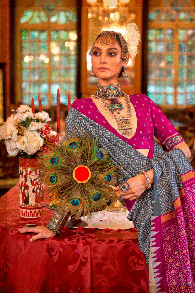 Grey Polyester Viscose Silk Patola Designer Zari Work Saree - Image 3