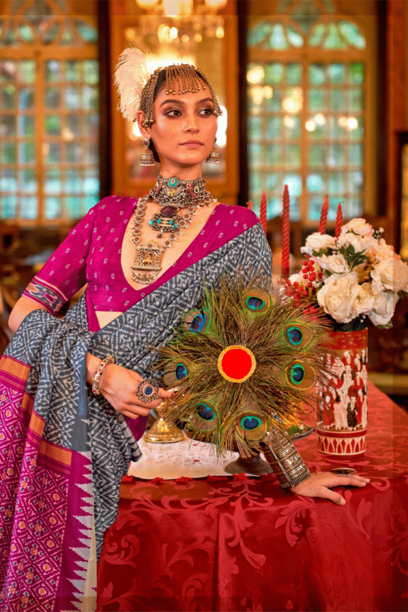 Grey Polyester Viscose Silk Patola Designer Zari Work Saree - Image 2