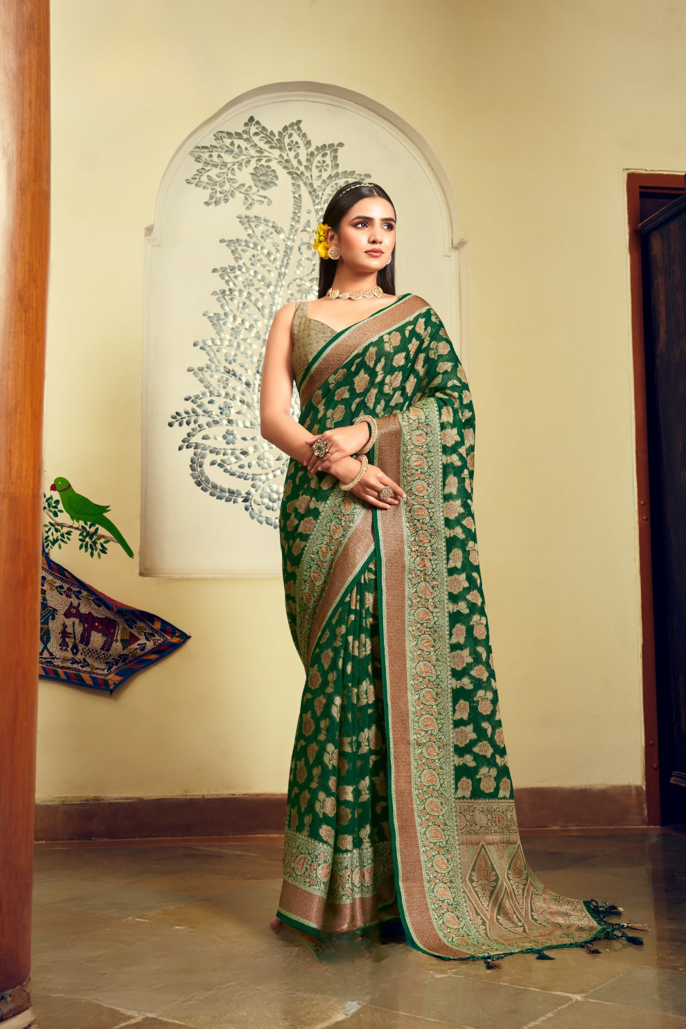 Green Luxe Georgette Saree with Weaving Buta Border Pallu - Image 1