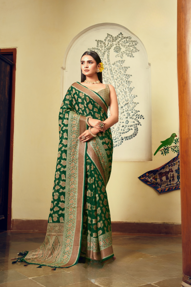 Green Luxe Georgette Saree with Weaving Buta Border Pallu - Image 2