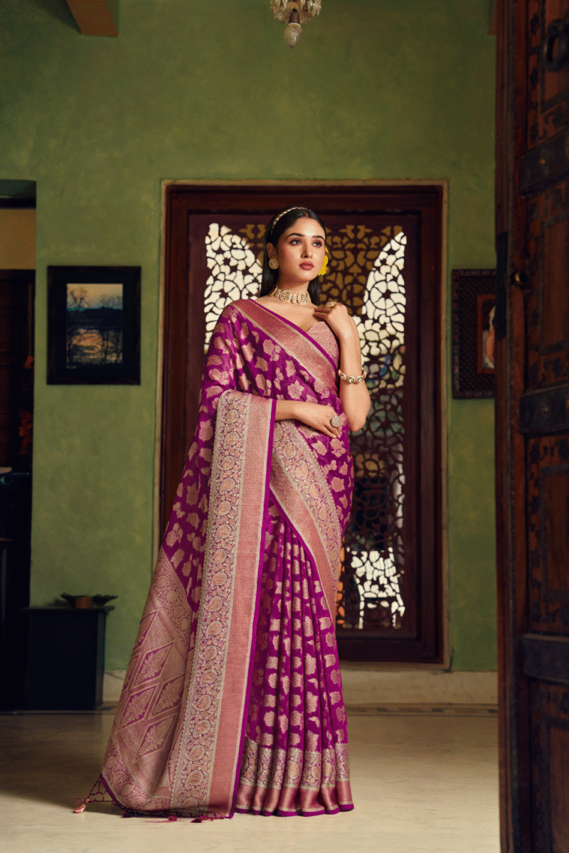 Magenta Luxe Georgette Saree with Weaving Buta Border Pallu - Image 3