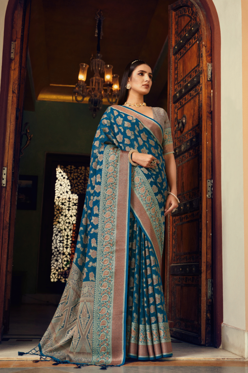 Royal Blue Luxe Georgette Saree with Weaving Buta Border Pallu - Image 2