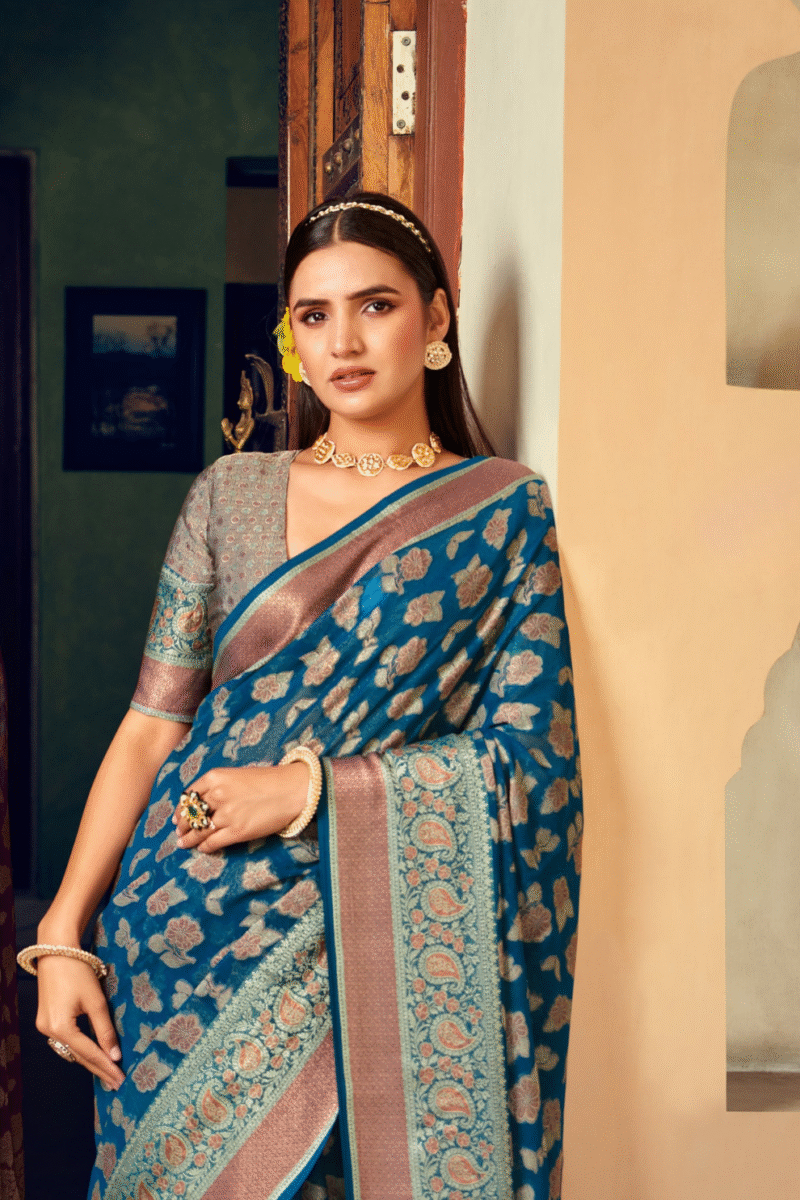 Royal Blue Luxe Georgette Saree with Weaving Buta Border Pallu - Image 4