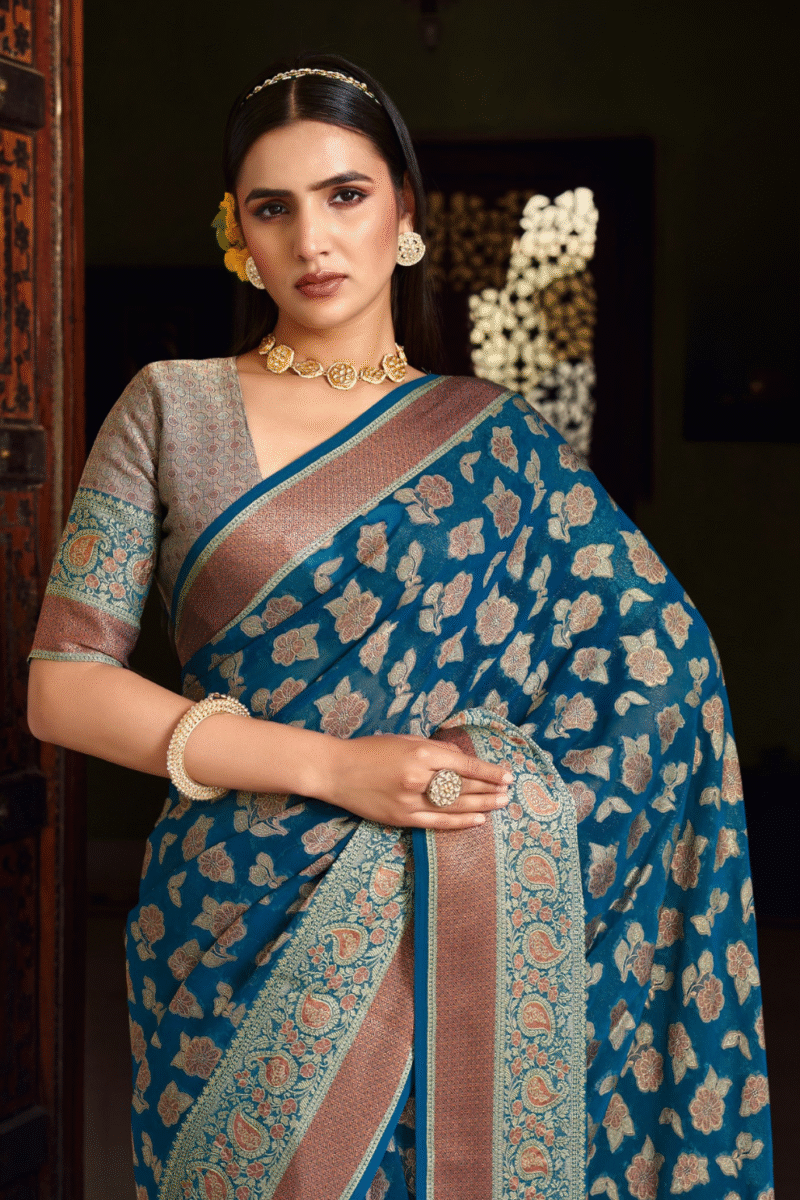 Royal Blue Luxe Georgette Saree with Weaving Buta Border Pallu - Image 3