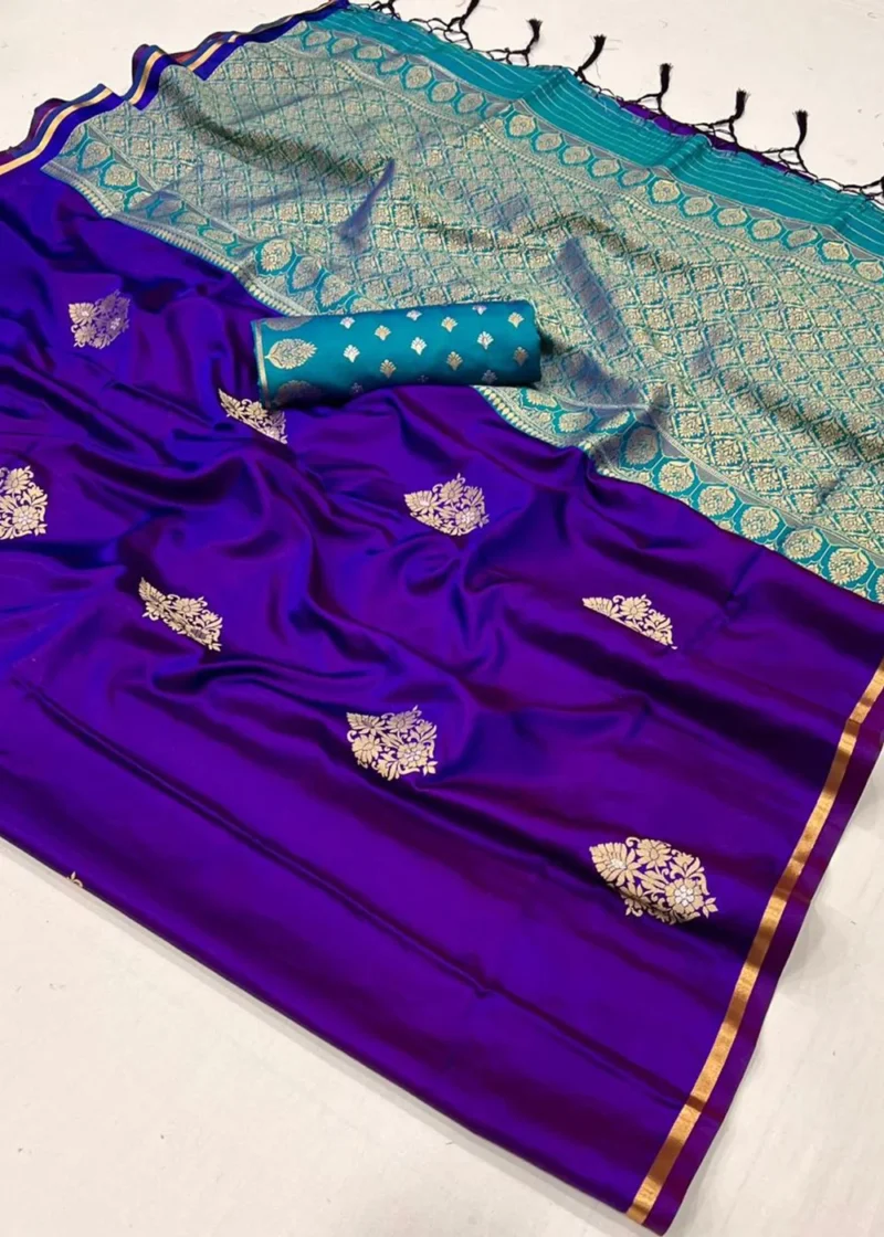 Royal Blue Luxe Banarasi Satin Silk Saree - Image 2