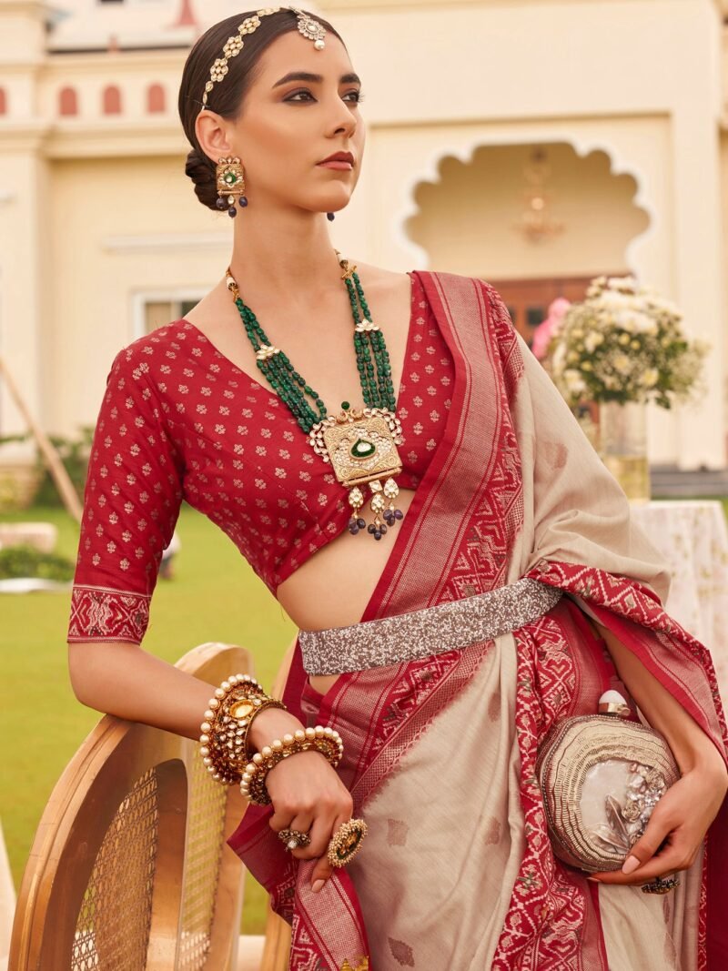 Beige Ethnic Wear Traditional Designer Printed Patola Silk Saree - Image 3