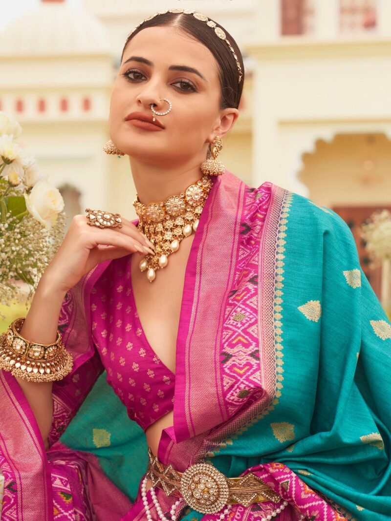 Turquoise Ethnic Wear Traditional Designer Printed Patola Silk Saree - Image 3