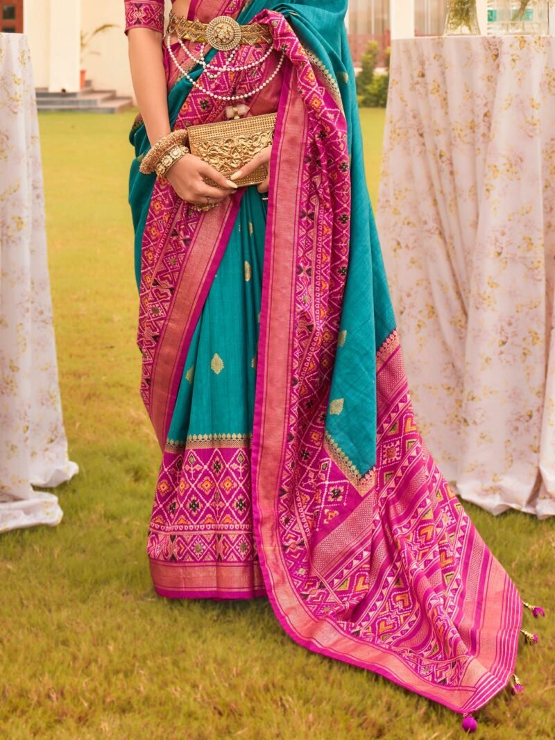 Turquoise Ethnic Wear Traditional Designer Printed Patola Silk Saree - Image 2
