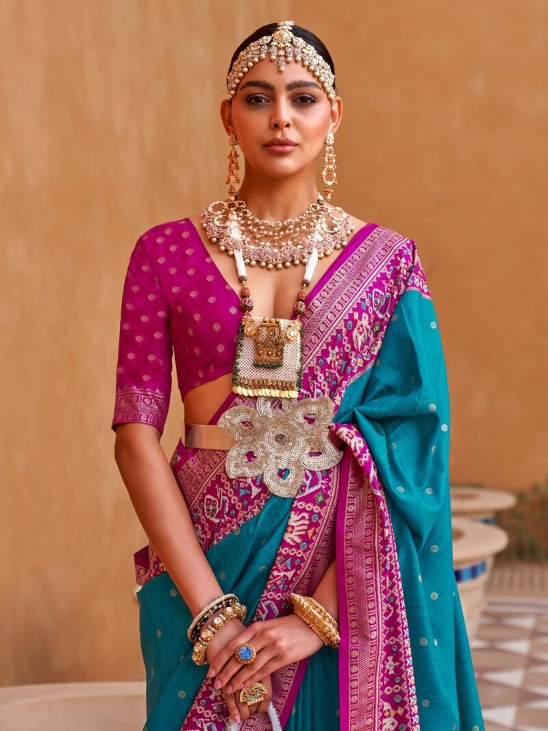 Cyan Blue Woven Designer Luxury Patola Silk Saree - Image 3