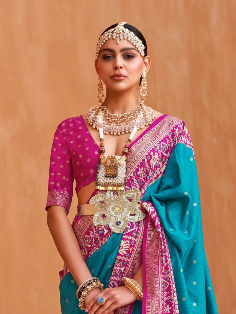 Cyan Blue Woven Designer Luxury Patola Silk Saree - Image 2