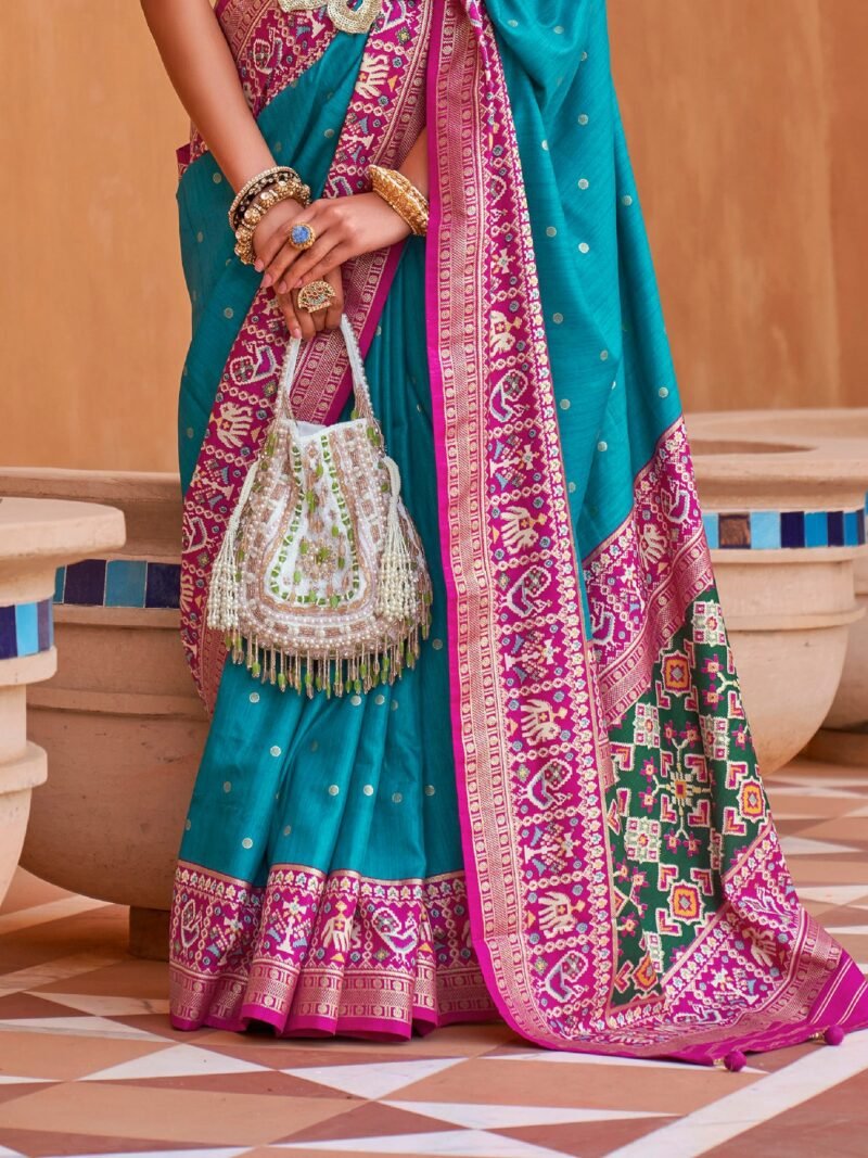 Cyan Blue Woven Designer Luxury Patola Silk Saree - Image 4