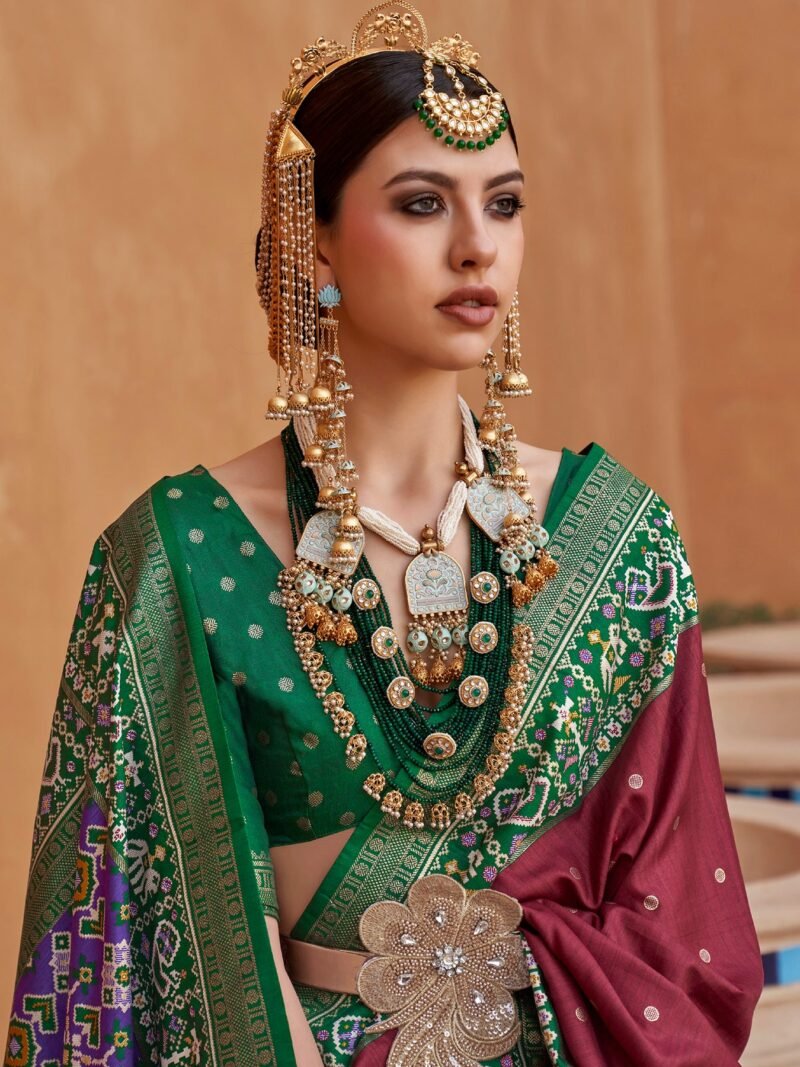 Dark Maroon Woven Designer Luxury Patola Silk Saree - Image 4