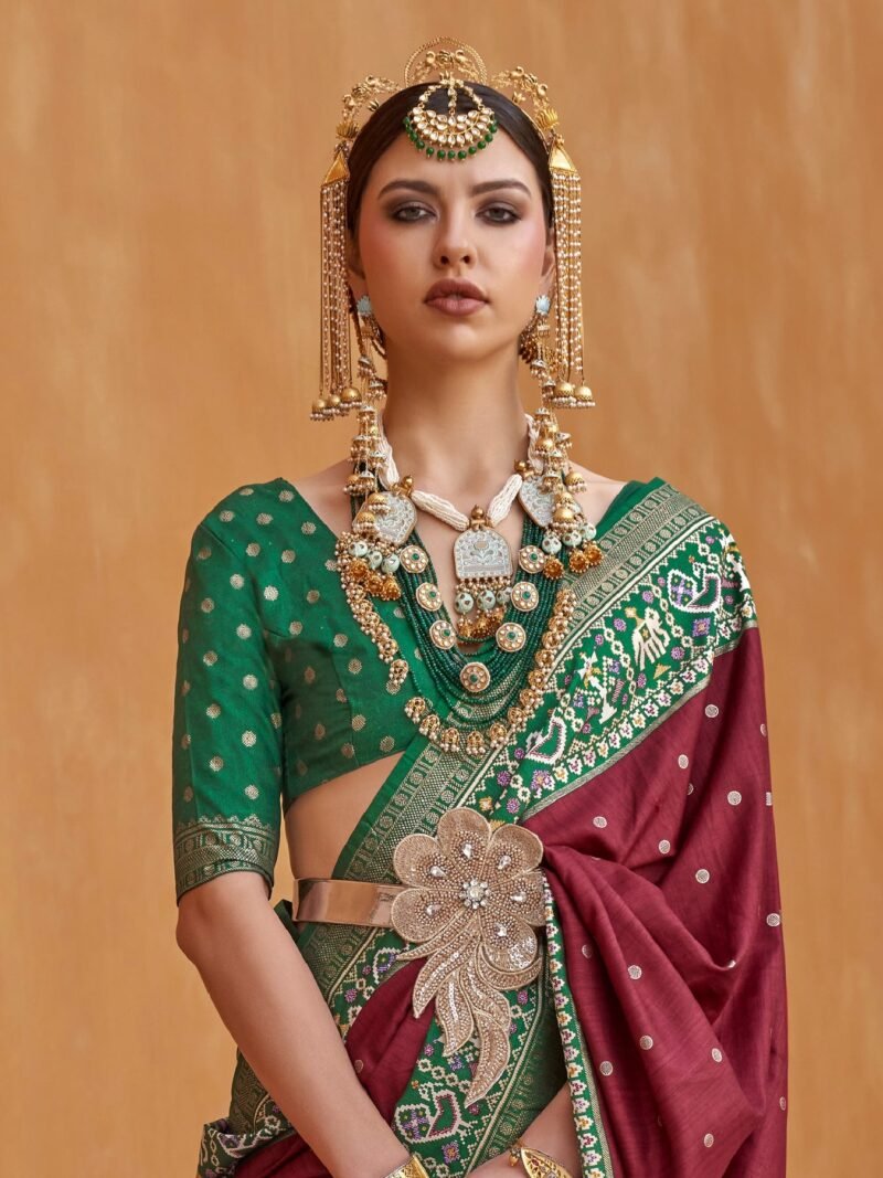 Dark Maroon Woven Designer Luxury Patola Silk Saree - Image 3