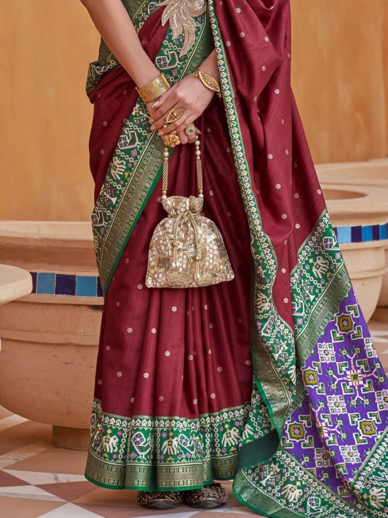 Dark Maroon Woven Designer Luxury Patola Silk Saree - Image 2