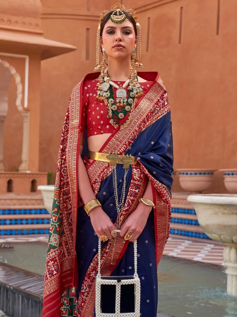 Indigo Blue Woven Designer Luxury Patola Silk Saree - Image 2