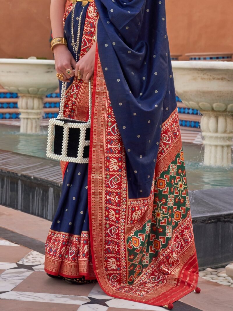 Indigo Blue Woven Designer Luxury Patola Silk Saree - Image 3