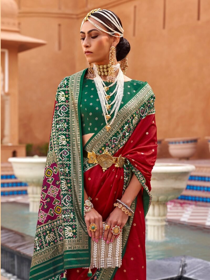 Red Woven Designer Luxury Patola Silk Saree - Image 4