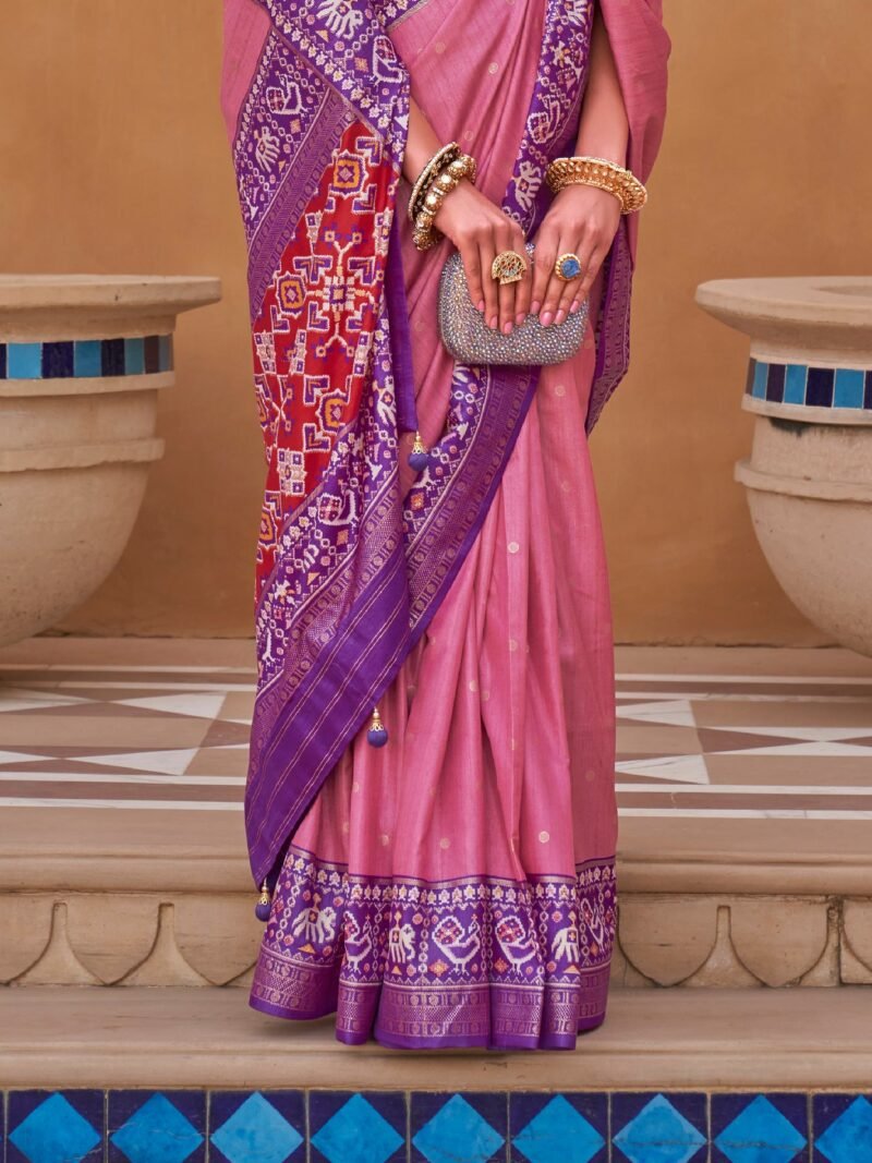Baby Pink Woven Designer Luxury Patola Silk Saree - Image 2