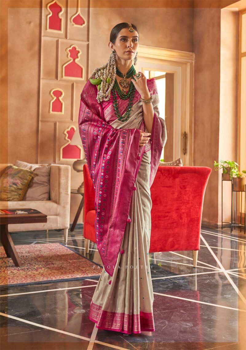 Beige Soft Silk Printed Patola Saree - Image 3