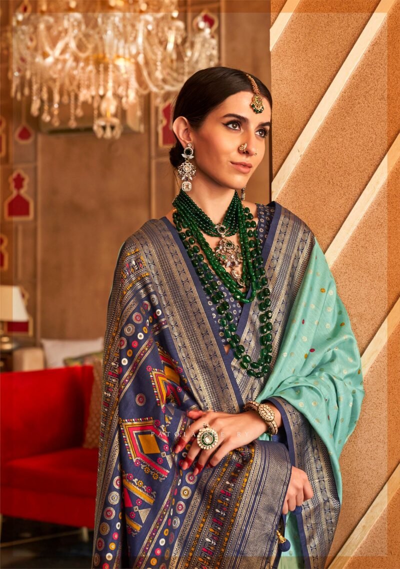 Seafoam Green Soft Silk Printed Patola Saree - Image 4