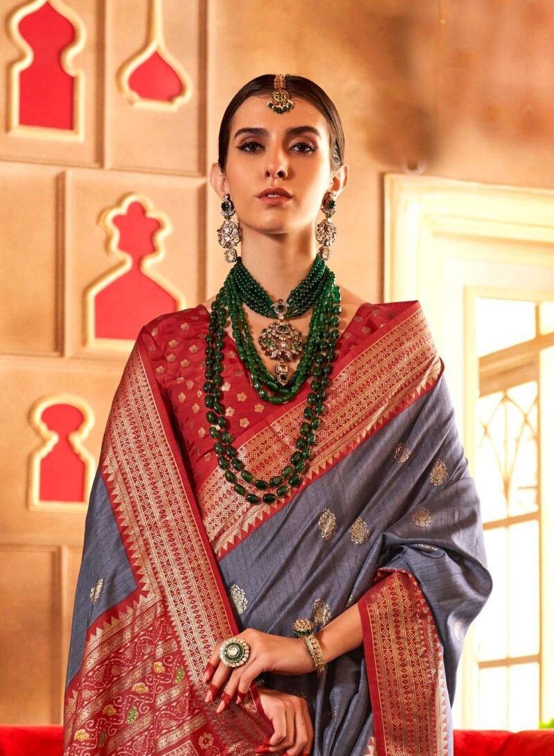 Grey Soft Silk Printed Patola Saree - Image 3