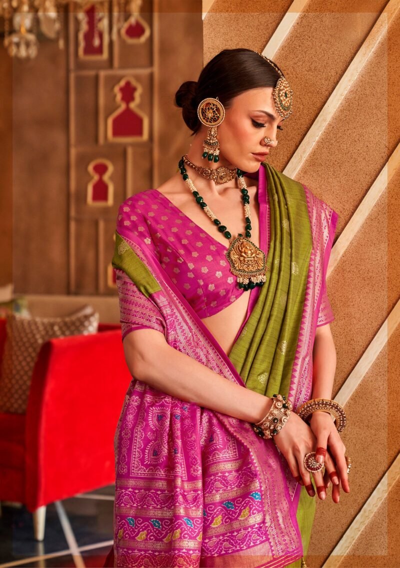 Olive Green Soft Silk Printed Patola Saree - Image 3