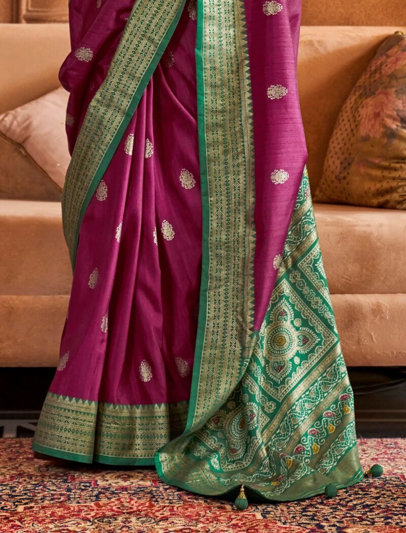 Plum Soft Silk Printed Patola Saree - Image 2