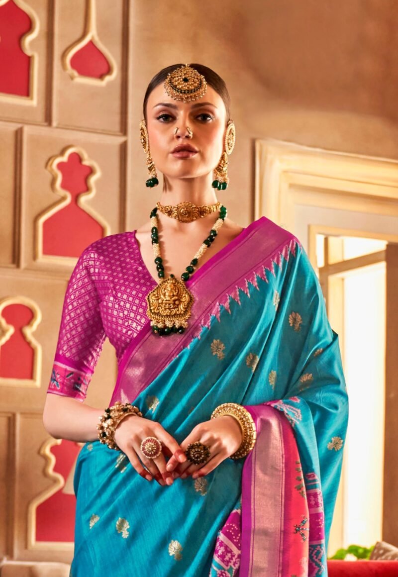 Sky Blue Soft Silk Printed Patola Saree - Image 3