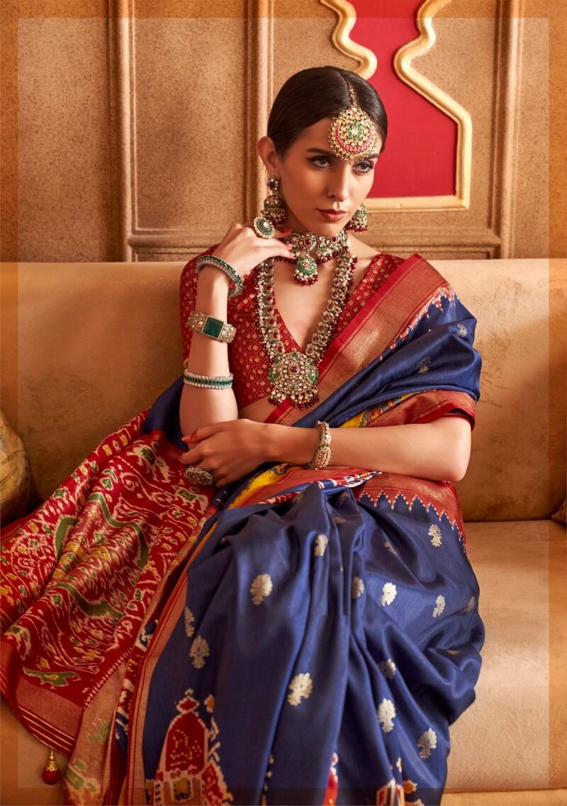 Navy Blue Soft Silk Printed Patola Saree - Image 4