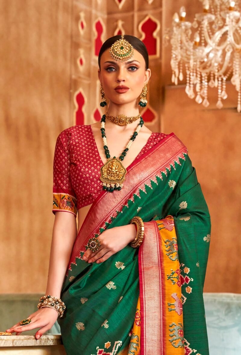 Green Soft Silk Printed Patola Saree - Image 3