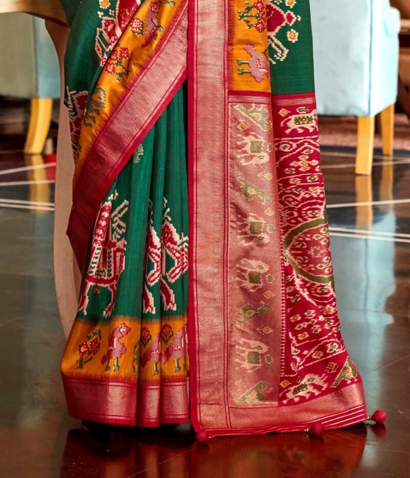 Green Soft Silk Printed Patola Saree - Image 2