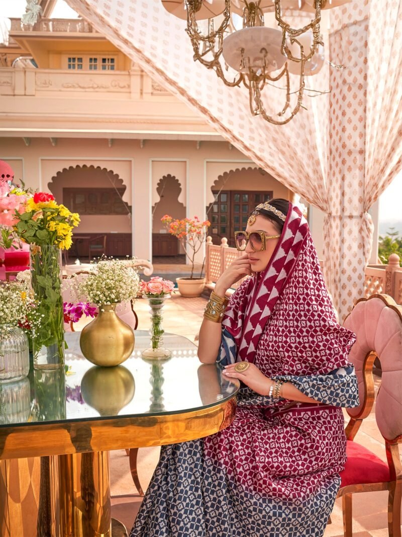 Berry Magenta Sigma Silk Saree with Patola Print - Image 3