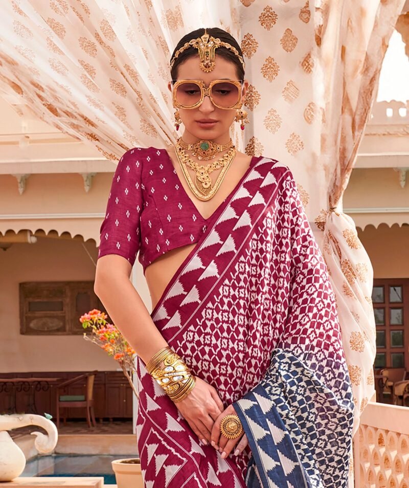 Berry Magenta Sigma Silk Saree with Patola Print - Image 4