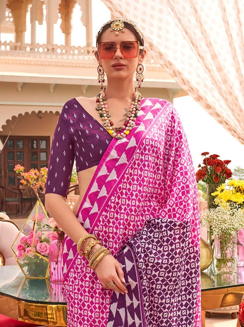 Pink Sigma Silk Saree with Patola Prints - Image 4