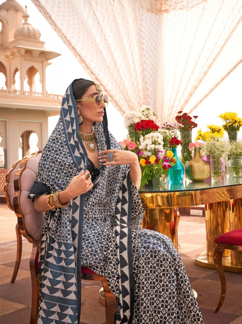 Dusty Blue Sigma Silk Saree with Festive Print - Image 3