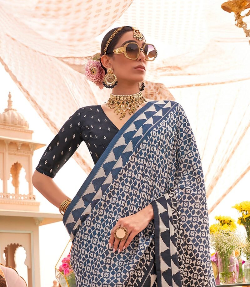 Dusty Blue Sigma Silk Saree with Festive Print - Image 4