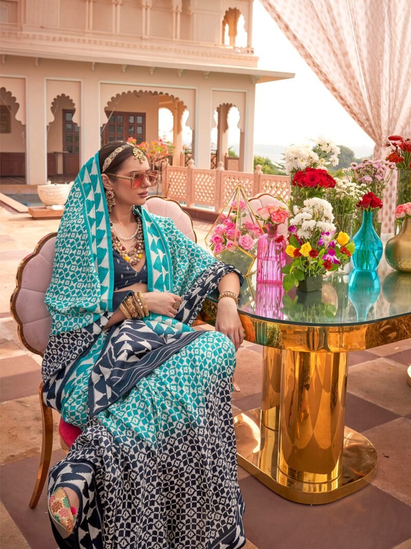 Aqua Blue Sigma Silk Saree with Traditional Print - Image 3