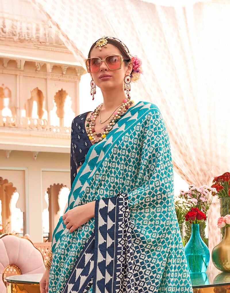 Aqua Blue Sigma Silk Saree with Traditional Print - Image 4