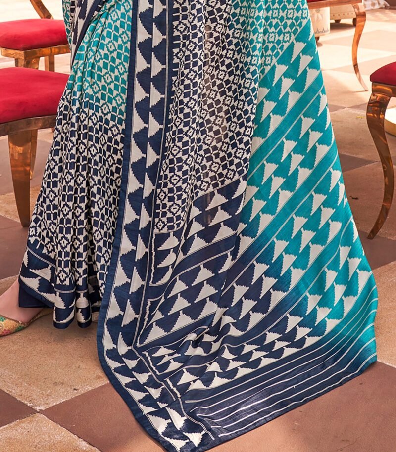 Aqua Blue Sigma Silk Saree with Traditional Print - Image 2