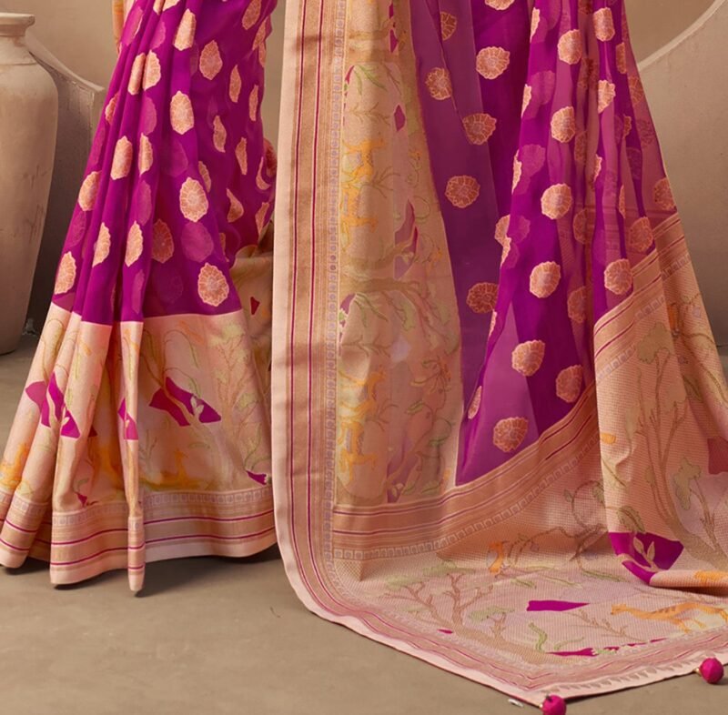 Fuchsia Pure Georgette Floral Printed Saree - Image 2